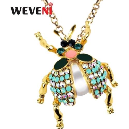 WEVENI Enamel Pearl Rhinestone Beetles Insect Necklace Pendant Chain Choker Funny Metal Jewelry For Women Girls Teens Gift 2018