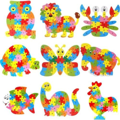 Kids Colorful Animal Building Puzzle Wooden Toys Montessori Letters Number Jigsaw Early Learning Educational Toys For Children