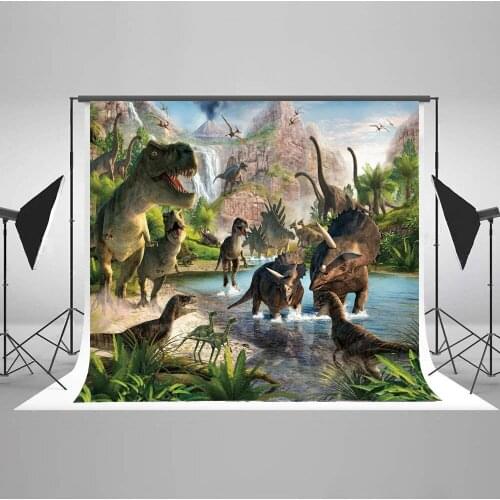 Jurassic Theme Photography Background A Wide Variety Of Dinosaurs Tropical Plants Volcano And Mounts Backdrop For Studios Props