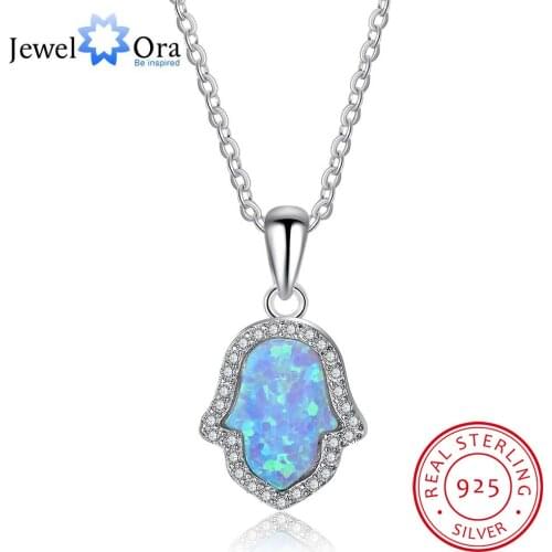 Hamasa Hand Shape Opal Stone Ocean Style Jewelry 925 Sterling Silver Necklace & Pendants Lucky Gift Amulet (JewelOra NE101984)