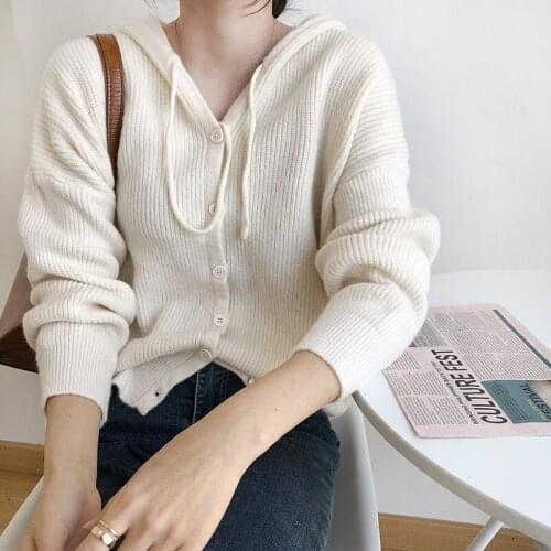Hooded Knitted V-neck Cardigan Women Spring Autumn New Korean Lazy Solid Loose Fashion Casual Sweater White Knit Cardigan