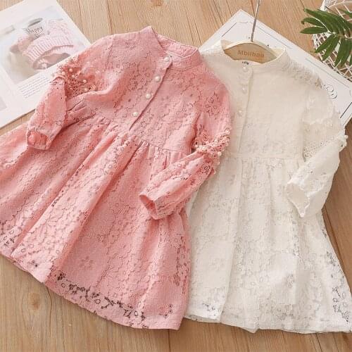 2020 Spring Autumn 3 4 6 8 10 to 12 Years Child England Style Princess Pearl Lace Knee Length Kids Baby Girl Long Sleeve Dress