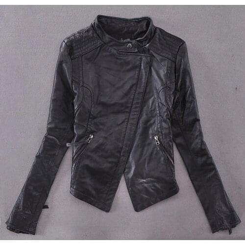 2015 Fashion slim fit Motorcycle Jacket women Black Sheepskin Leather Coat lady Inclined Zipper Autumn outerwear female