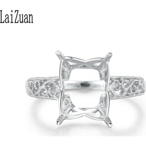 LaiZuan Solid 10k White Gold Filigree Vintage Trendy Fine Jewelry Cushion & Emerald 10X8mm Semi Mount Ring