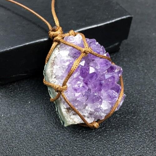 Irregular Natural Stone Rope Wrap Necklace Amethystss Crystal Quartz Pendant Necklaces Adjustable Women Girl Jewelry HandMade