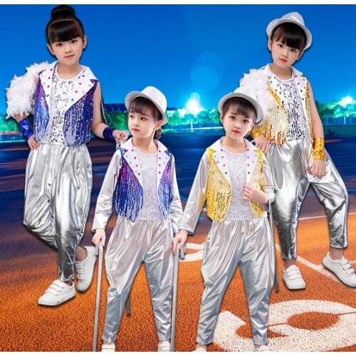 New Children Jazz Dance Hip-hop Clothes Girls Sequins Three Pieces Suit Drum Set Cheerleading Costume Rave Clothing