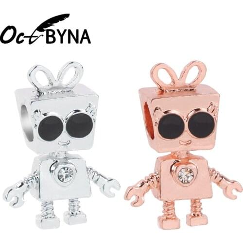 Octbyna New Silver Color Lovely Robot Girl Charms Bead Pendants Fits Pandora Bracelet Necklace Making DIY Fashion Jewelry