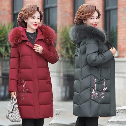 Middle-age and Elderly Womens Clothing Winter Printed Mid-Length Cotton Coat 2020 Fashion Long sleeve Thick Warm Cotton Jackets