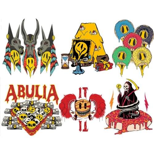 Punk skull Donut Banknote grim clownPatch Iron on Heat Transfer Printing Stickers for Clothes T-Shirt DIY Appliques Patches