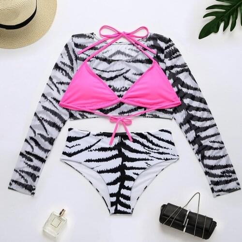 Sexy Mesh Tiger Skin 3 Piece Push Up Bikini Set Triangle Brazilian Swimwear Long Sleeve Beach Wear High Waist Beach Bathing Suit