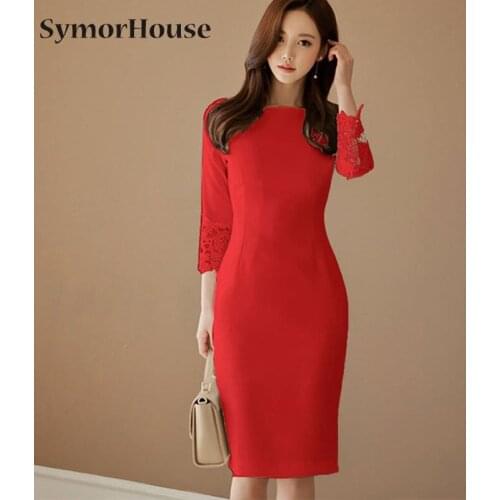 2021 Spring Autumn New Elegant Formal Party Dress Lace Sleeve White Slim Sheath Dresses Office Lady Work