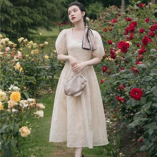 French Palace Retro Square Neck Dress Bowknot Lace Back Hollow Sexy Elegant Puff Sleeve Princess Dresses Summer