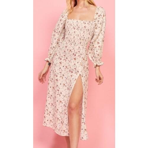 XNWMNZ dress 2021 Fashion Elegant Puff Long Sleeve Dresses Vintage Floral Print White omen midi dress France Split vestido robe