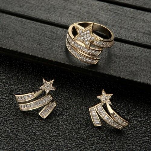 Luxury Star Stud Earrings Ring Set For Women Wedding Party Dubai Bridal Jewelry boucle d'oreille femme Gift Jewelry Set E9698
