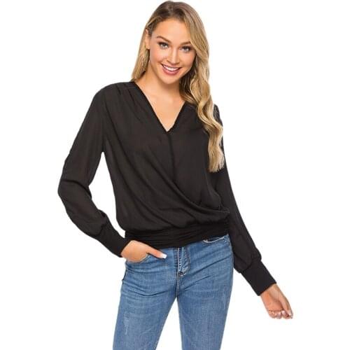 Spring Autumn Women V-neck Shoulder Pleated long-sleeved Top Women Clothing Sexy Ladies Casual Loose Shirts