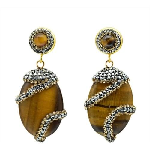 Light Yellow Gold Color Oval Shape Natural Tiger Eye Stone Stud Earrings for Women with Rhinestone Jewelry