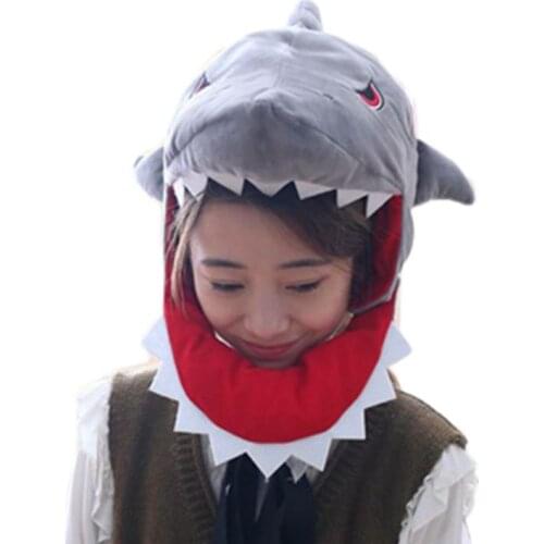 Japanese Cute Plush Shark Funny Animal Cap Mask Adult Kids Halloween Party Cosplay Costume Hood Hat Winter Warm Holiday Props