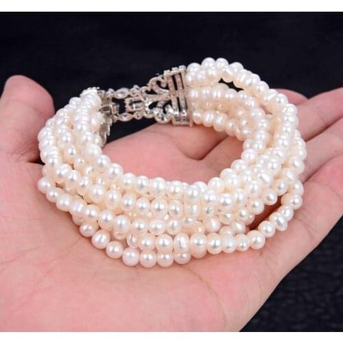 GuaiGuai Jewelry Natural Pearl Bracelet 7Strands White Pearl Bracelet Cz White Gold Plated Clasp