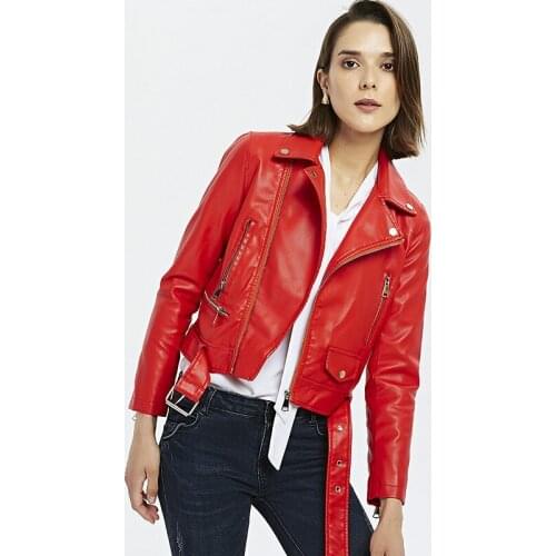 2019 Spring Autumn Black Faux Leather Jacket Women Zipper Basic PU Leather Coat Female Turn-down Collar Biker Jacket With Blet