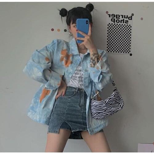 2021 Autumn Harajuku Women Single-Breasted Solid Vintage Loose Streetwear Tie-Dye Denim Jacket Abrigo Mujer Casual Bomber Jacket