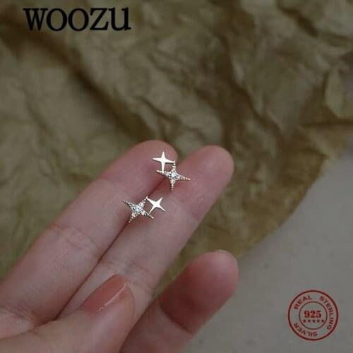 WOOZU Real 925 Sterling Silver Shiny Stars 14k Gold Plated Stud Earrings for Fashion Women Teens Charming Party Jewelry Gift