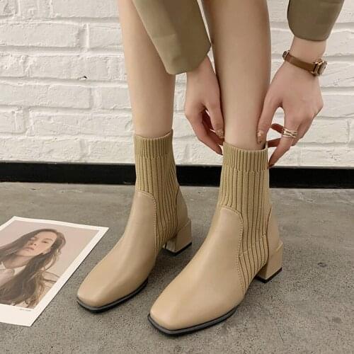 Plus Size knitting stretch sock botas femininas patchwork short chelsea boots women square toe thick high heels riding booties