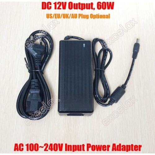 AC 110V AC 240V Input DC 12V 5A Output Power Supply Plug 2-Cable 12VDC Power Adapter w/ LED Light Indicator for CCTV Camera Use