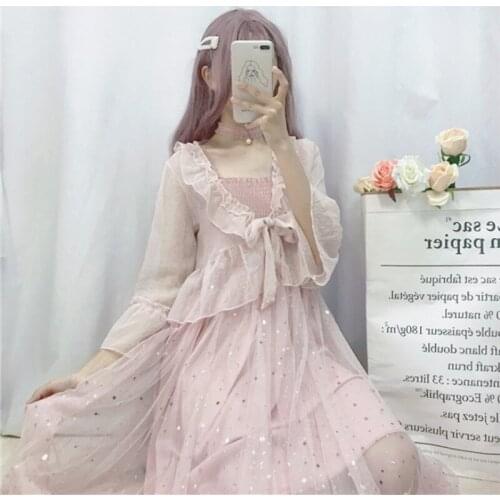 2021 sweet Fairy of Frilled Star Sequins Mesh Skirt Strapped lolita Dress Outdoor Cardigan Short Coat Fairy Summer