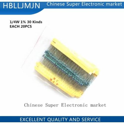 300 600 PCS /Set 1/4W Resistance 1% 30 Kinds Each Value Metal Film Resistor Assortment Kit resistors 100R 1K 47K 10K 100K 4K7