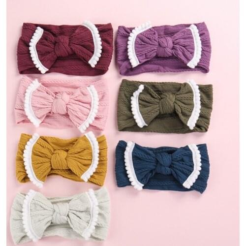 12pcs Baby Girls Cable Knitted Bows Nylon Headbands ,Knot Bows Wide Turban Head Wraps With Pompom Trims,Baby Hair Accessories