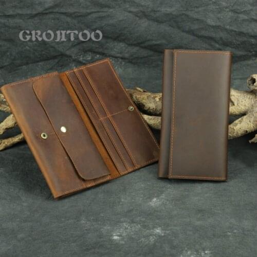 GROJITOO Handmade leather long wallet crazy horse leather mans wallet multifunctional mobile phone bag