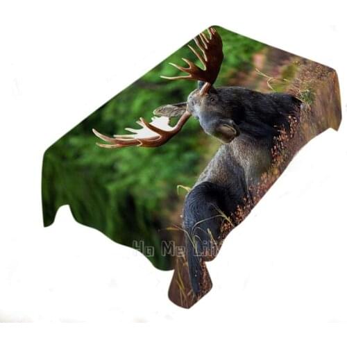 Elk Wildlife In The Forest Flower Ground Tree Tablecloth Polyester Rectangular Decoration Green Brown
