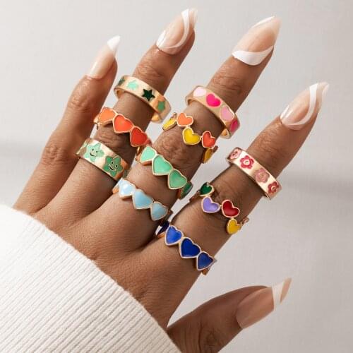 Docona Ins Fashion Heart Colorful Rings for Women Men Creativity Enamel Sun Star Moon Geometry Couples Ring Jewelry Anillos