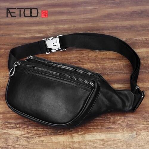 AETOO Leather chest bag, mens sheepskin casual fashion shoulder bag, outdoor travel mobile phone small shoulder bag