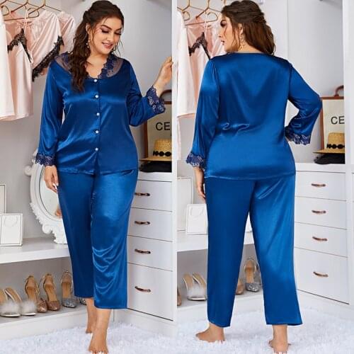 DOIB Women Plus Size Pajamas Sets Faux Silk Lace Patchwork Camel Large Size Nightwear Short Sleeve Trousers Female Sleepwear