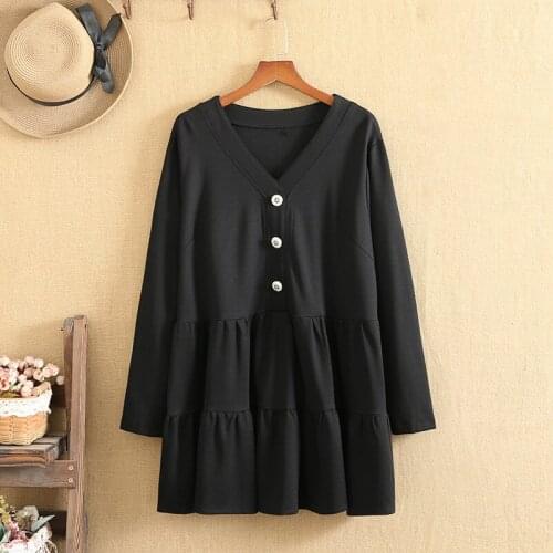 Plus Size Dress For Women In Spring And Autumn Wear V-Neck Long Sleeve Solid Color Mid-Length Top Large Size Dress For Fat Women