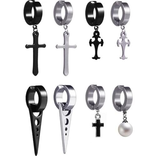 2pcs Simple Fashion Cross Pendant Stainlless Steel Clip Earrings for Women Punk Man No Piercing Fake No Ear Hole Ear Jewelry