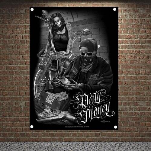 Skeleton Rider Banners Skull Tattoo Flags Canvas Painting Bar Cafe Home Decoration Scary Bloody Posters Tapestry Wall Hanging
