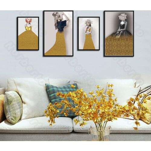 Modern Fashion Woman Canvas Painting Wall Poster Charming Woman Wearing Elegant Headdress Golden Clothes for Home Rooms Decorati