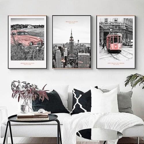 Vintage Pink New York City Building Landscape Canvas Paintings Poster and Print Wall Art Pictures Living Room Home Decor
