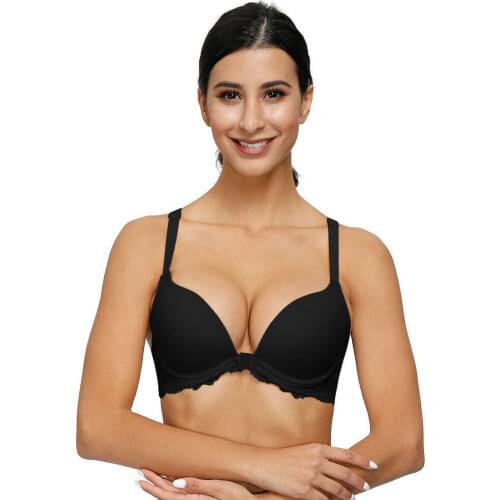 YANDW Push Up Plunge Women Bra Sexy Lace Front Closure Lingerie Y-lined Hollow Straps Underwear Thin Cup Push Up Bra For Women