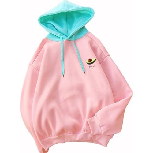 Autumn Winter New Drop Shoulder Hooded Sweatshirt Women Streetwear Fleece Spell Color Splicing Kawaii Avocado Print Hoodies Tops