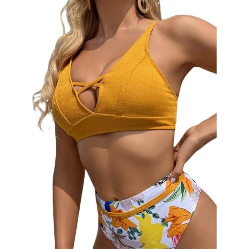 Women Yellow Solid Color Deep V-Neck Hollowed Tank Tops With Printed High Waist Triangle Bottoms 2Pcs Bikini Suit Sexy Fashion