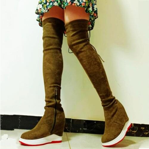 US4-12 Fashion Sneakers Women Over the Knee Thigh High Boots Female Stretchy Fabric Platform Wedges High Heel Pumps