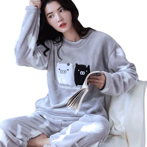 H5994 Women Pajamas Suit Winter Warm Thickened Korean Lovely Sleepwear Flannel Cartoon Long Sleeves Homewear Soft Girl Nightgown