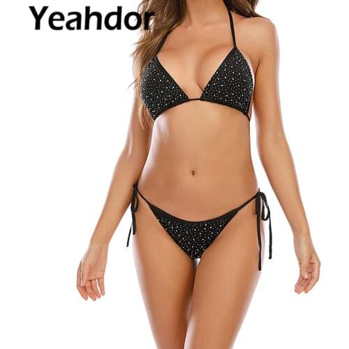 Women Sexy Bikini Set Glittering Halter Neck Straps Self Tie Closure Bras and Briefs Outfit Underwear Nightwear Club Show Wear