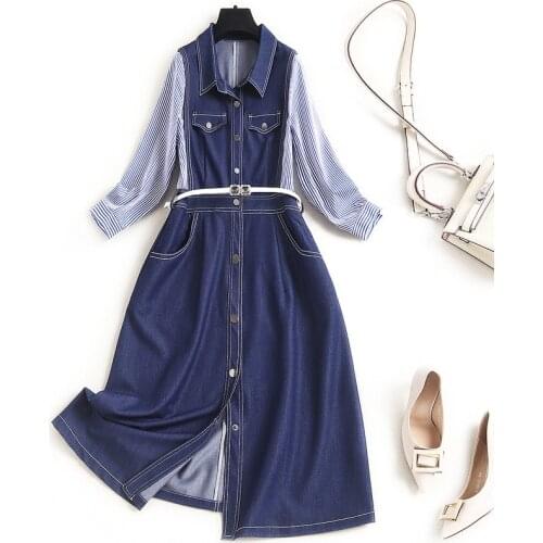 Women Spring Summer Jean Dress Casual New 2021 Designer Striped Sleeve Patchwork Turn Down Collar Elegant Shirt Dresses Blue