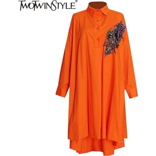 TWOTWINSTYLE Vintage Embroidery Floral Print Dress Female Lapel Long Sleeve Fold Pleated Loose Dresses For Women 2021 Autumn New