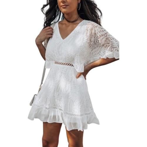 2021 Women Casual Lace Mid Sleeve Dress Fashion Solid Color V-neck Hollow High Waist Short Dress