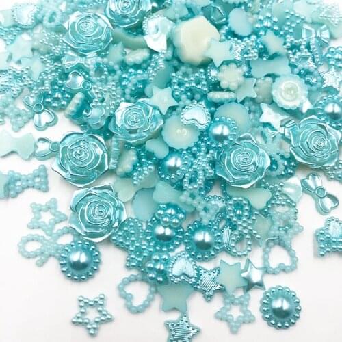 100pcs blue ABS Resin Half Round flower Bow Alien Pearls For Art Flatback Non Hotfix Rhinestones Pearl Shoes Beads DIY Phone